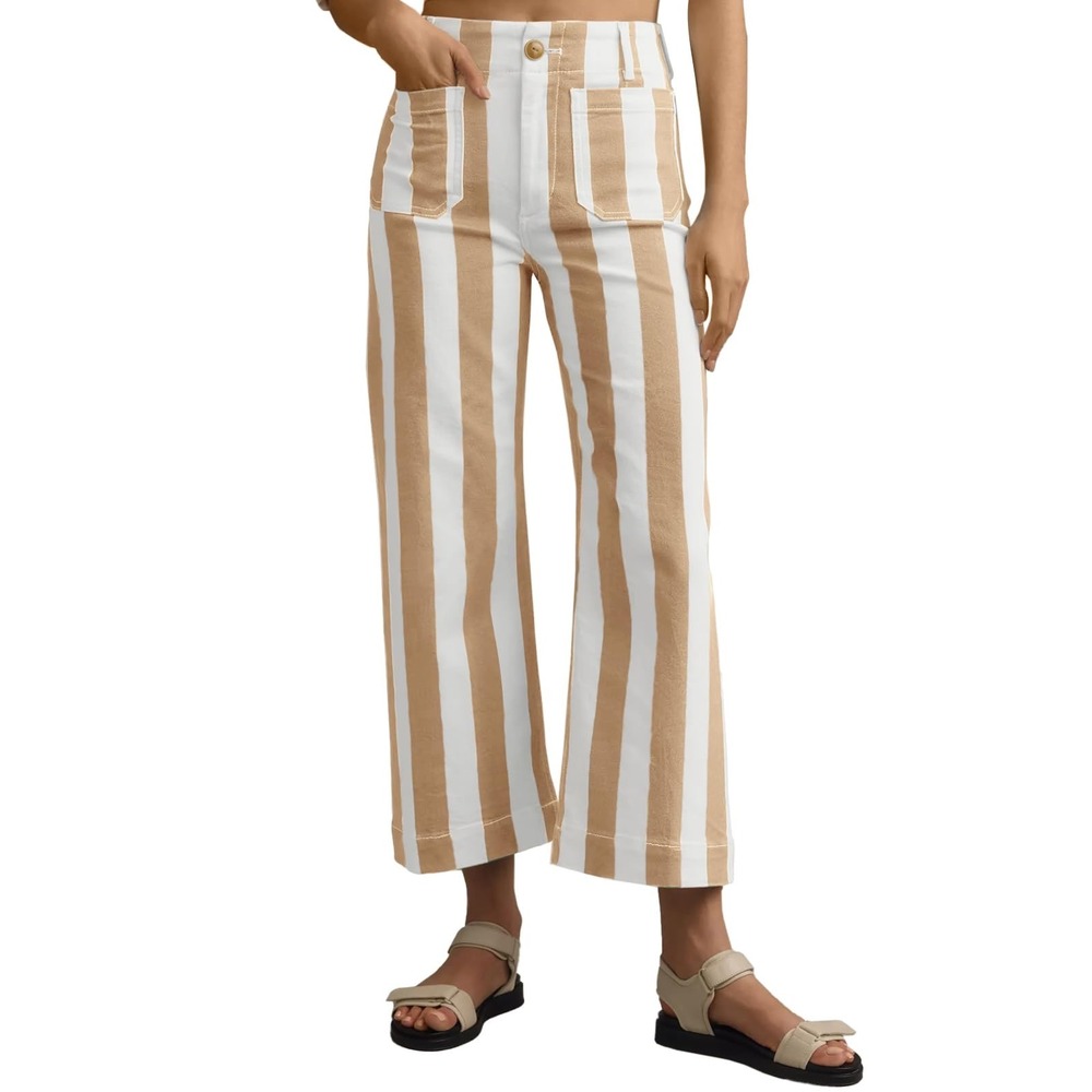 Tankaneo Womens Cropped Striped Jeans High Waisted Khaki White Straight Leg 6